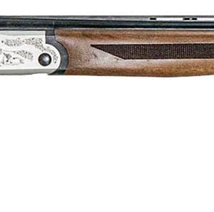 Side view of a shotgun with wooden stock.