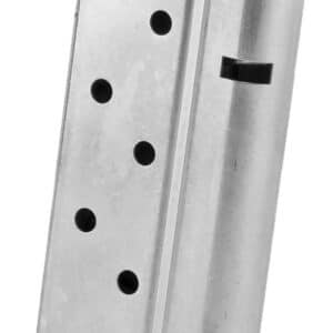 Silver metal firearm magazine with holes.