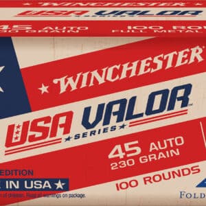 Winchester USA Valor ammunition box, 45 Auto, 100 rounds.