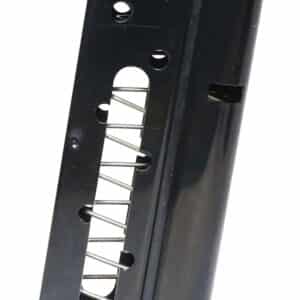 Black firearm magazine with metal spring visible.