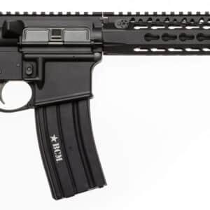 Black semi-automatic rifle, side view.