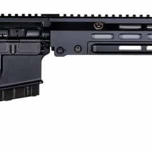 Black tactical rifle with long barrel and scope mount.