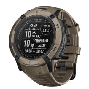 Tactical smartwatch with solar charging and GPS features.