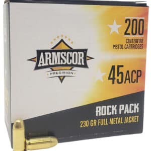 Armscor 45 ACP ammunition box and bullet
