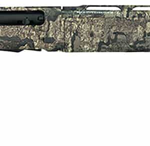 Camo shotgun with rifle barrel, right side view.