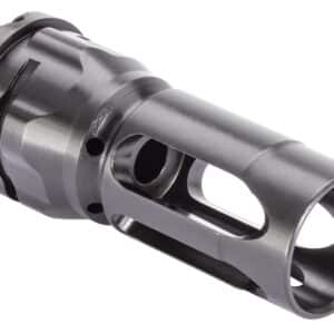 Steel gun muzzle brake device close-up view