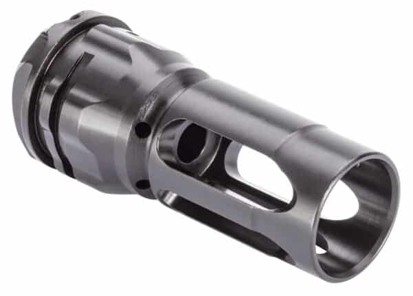 Steel gun muzzle brake device close-up view