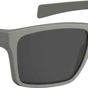 Gray sunglasses with dark lenses and branding.
