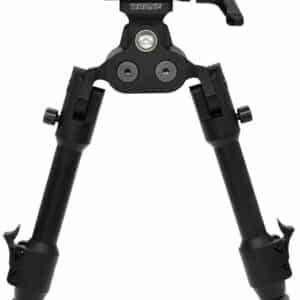 Adjustable rifle bipod with black legs.