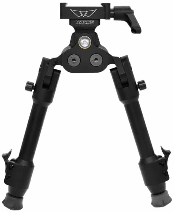 Adjustable rifle bipod with black legs.