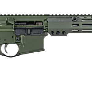 Green rifle with extended rail and black stock.