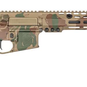 Camouflage-patterned rifle with tactical design.