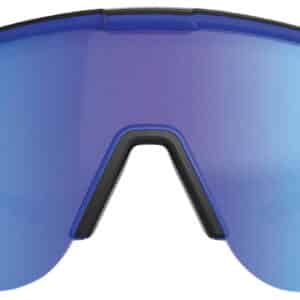 Blue mirrored cycling sunglasses on white background.