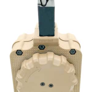 Ammunition magazine with patented winding mechanism.