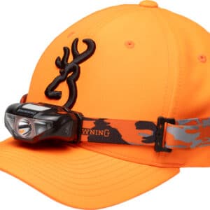 Orange cap with headlamp and deer logo