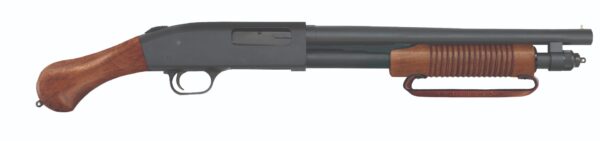 Pump-action shotgun with wooden stock and grip.