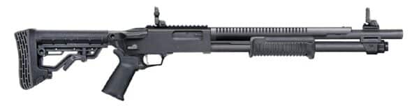 Black tactical pump-action shotgun with adjustable stock.