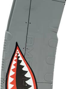 Gray shark-themed magazine for firearm.