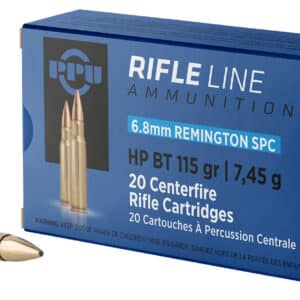 6.8mm Remington SPC rifle ammunition box and cartridges
