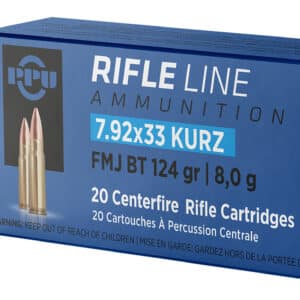 7.92x33 Kurz rifle ammunition box with cartridges.