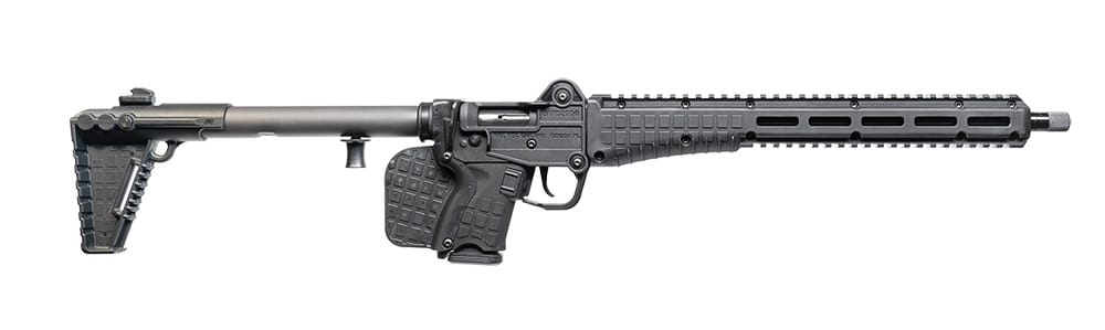 Black tactical rifle with folding stock.
