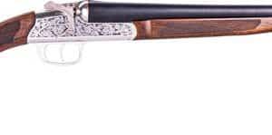 Double-barrel shotgun with wooden stock and engraved details.