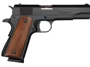 Black handgun with wooden grip, side view.