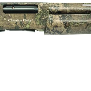 Camouflage-patterned hunting shotgun on white background.