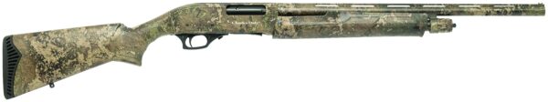 Camouflage-patterned hunting shotgun on white background.