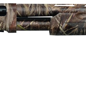 Camouflage pump-action shotgun on white background.
