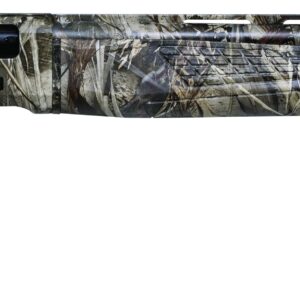 Camouflage shotgun with textured grip and long barrel.