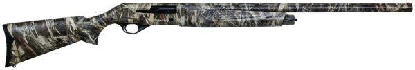 Camouflage shotgun with textured grip and long barrel.