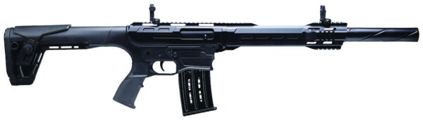 Black tactical shotgun with magazine and sights.