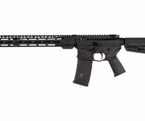 Black semi-automatic rifle with rail system.
