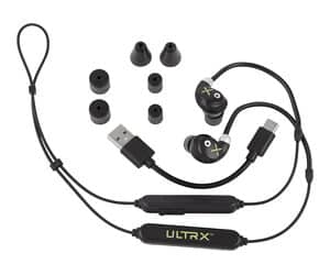 Wireless earphones with accessories and USB cable
