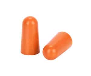 Two orange earplugs on white background