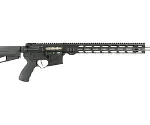 Black tactical rifle with long barrel.