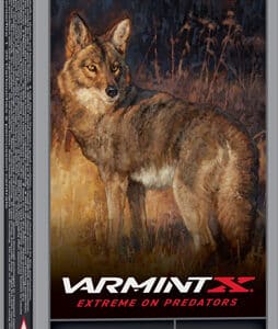Winchester Varmint-X ammunition box with coyote illustration.