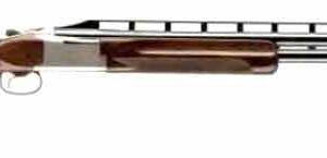 Double-barrel shotgun with polished wooden stock.