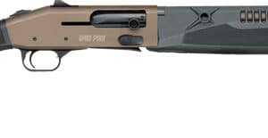 Tactical shotgun with matte black and tan finish