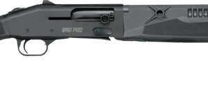 Black tactical shotgun isolated on white background.