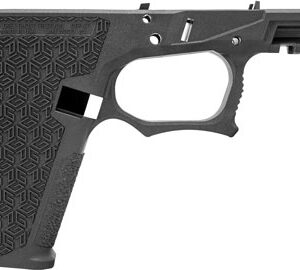 Black polymer handgun frame, textured grip design.