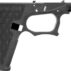 Black polymer handgun frame, textured grip design.