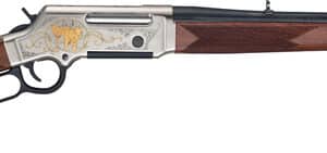 Lever-action rifle with engraved metal and wood finish.