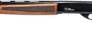 Wooden shotgun side view with black barrel
