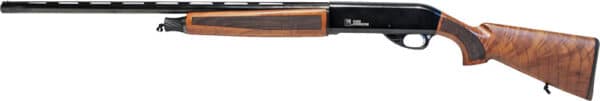 Wooden shotgun side view with black barrel