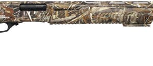 Camo pattern pump-action shotgun, right side view.