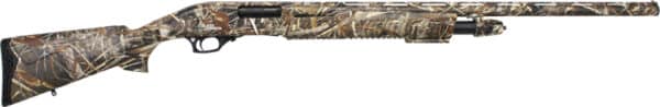 Camo pattern pump-action shotgun, right side view.