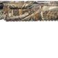Camo pattern pump-action shotgun, right side view.