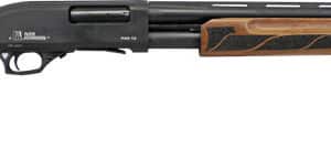 Black and wood finish pump-action shotgun on white background.